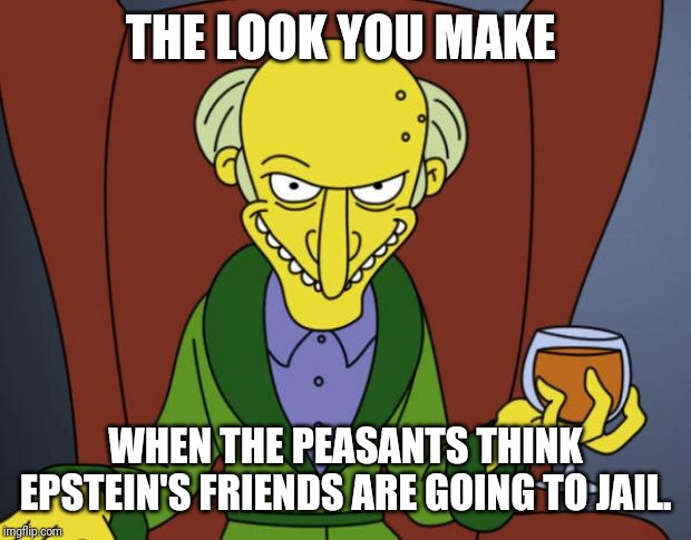 Mr Burns Simpsons Brandy | THE LOOK YOU MAKE; WHEN THE PEASANTS THINK EPSTEIN'S FRIENDS ARE GOING TO JAIL. | image tagged in mr burns simpsons brandy | made w/ Imgflip meme maker
