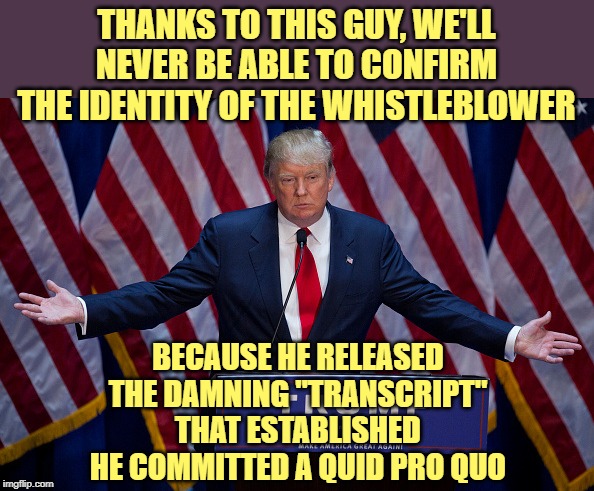 See ya in court, Don! | THANKS TO THIS GUY, WE'LL NEVER BE ABLE TO CONFIRM THE IDENTITY OF THE WHISTLEBLOWER; BECAUSE HE RELEASED THE DAMNING "TRANSCRIPT" THAT ESTABLISHED HE COMMITTED A QUID PRO QUO | image tagged in donald trump,read the transcript,quid pro quo,trump impeachment | made w/ Imgflip meme maker
