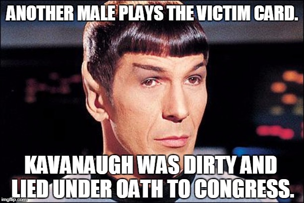 Condescending Spock | ANOTHER MALE PLAYS THE VICTIM CARD. KAVANAUGH WAS DIRTY AND 
LIED UNDER OATH TO CONGRESS. | image tagged in condescending spock | made w/ Imgflip meme maker