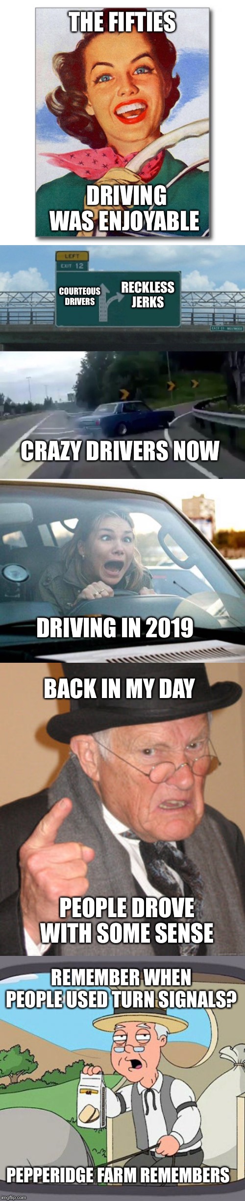 Smart Phones & Smart Cars = Dumb Drivers |  THE FIFTIES; DRIVING WAS ENJOYABLE; RECKLESS JERKS; COURTEOUS DRIVERS; CRAZY DRIVERS NOW; DRIVING IN 2019; BACK IN MY DAY; PEOPLE DROVE WITH SOME SENSE; REMEMBER WHEN PEOPLE USED TURN SIGNALS? PEPPERIDGE FARM REMEMBERS | image tagged in memes,back in my day,pepperidge farm remembers,woman driver,vintage '50s woman driver,left exit 12 off ramp | made w/ Imgflip meme maker