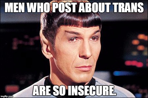 Condescending Spock | MEN WHO POST ABOUT TRANS ARE SO INSECURE. | image tagged in condescending spock | made w/ Imgflip meme maker