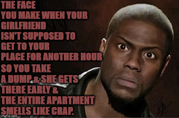 Kevin Hart Meme | THE FACE YOU MAKE WHEN YOUR GIRLFRIEND ISN'T SUPPOSED TO GET TO YOUR PLACE FOR ANOTHER HOUR; SO YOU TAKE A DUMP & SHE GETS THERE EARLY & THE ENTIRE APARTMENT SMELLS LIKE CRAP. | image tagged in memes,kevin hart | made w/ Imgflip meme maker