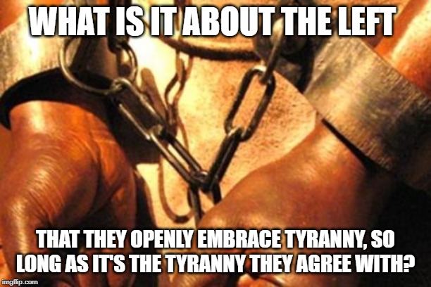 Slavery | WHAT IS IT ABOUT THE LEFT; THAT THEY OPENLY EMBRACE TYRANNY, SO LONG AS IT'S THE TYRANNY THEY AGREE WITH? | image tagged in slavery | made w/ Imgflip meme maker