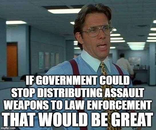 That Would Be Government | IF GOVERNMENT COULD STOP DISTRIBUTING ASSAULT WEAPONS TO LAW ENFORCEMENT; THAT WOULD BE GREAT | image tagged in that would be great,political memes,gun violence,bernie sanders,liberal logic,assault weapons | made w/ Imgflip meme maker