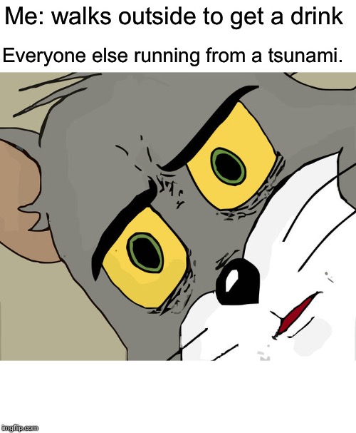 Unsettled Tom | Me: walks outside to get a drink; Everyone else running from a tsunami. | image tagged in memes,unsettled tom | made w/ Imgflip meme maker