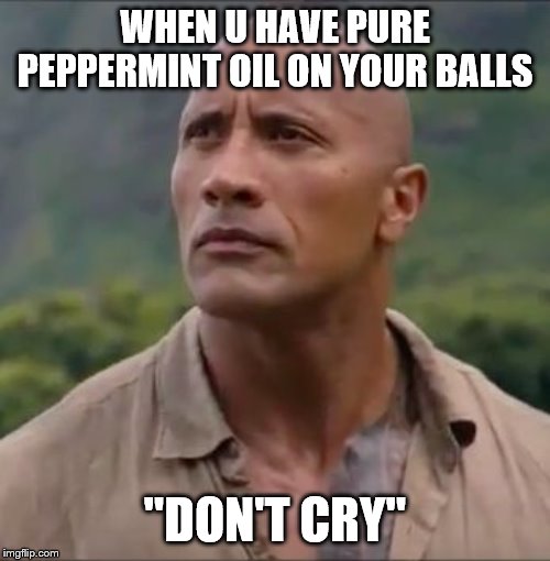 "The Rock" Smoldering Intensity | WHEN U HAVE PURE PEPPERMINT OIL ON YOUR BALLS; "DON'T CRY" | image tagged in the rock smoldering intensity | made w/ Imgflip meme maker