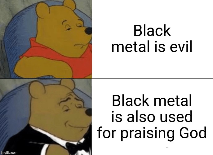 Tuxedo Winnie The Pooh | Black metal is evil; Black metal is also used for praising God | image tagged in memes,tuxedo winnie the pooh | made w/ Imgflip meme maker