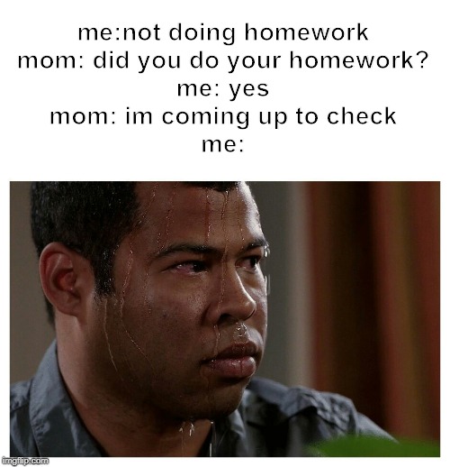 Jordan Peele Sweating | me:not doing homework
mom: did you do your homework?
me: yes
mom: im coming up to check
me: | image tagged in jordan peele sweating | made w/ Imgflip meme maker