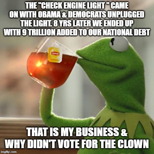 But That's None Of My Business Meme | THE "CHECK ENGINE LIGHT " CAME ON WITH OBAMA & DEMOCRATS UNPLUGGED THE LIGHT. 8 YRS LATER WE ENDED UP WITH 9 TRILLION ADDED TO OUR NATIONAL  | image tagged in memes,but thats none of my business,kermit the frog | made w/ Imgflip meme maker