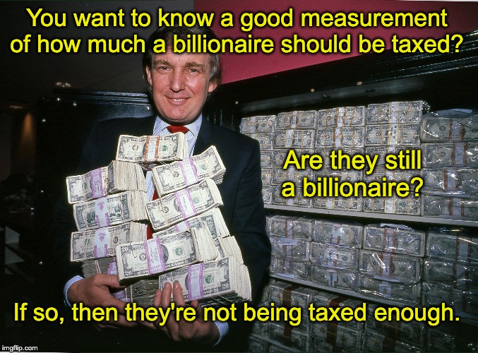 "Billionaires shouldn't exist." -Bernie Sanders | You want to know a good measurement of how much a billionaire should be taxed? Are they still a billionaire? If so, then they're not being taxed enough. | image tagged in trump cash billions,billionaire,taxes,bernie sanders,capitalism | made w/ Imgflip meme maker