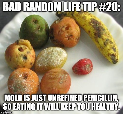Moldy fruit | BAD RANDOM LIFE TIP #20:; MOLD IS JUST UNREFINED PENICILLIN, SO EATING IT WILL KEEP YOU HEALTHY. | image tagged in moldy fruit | made w/ Imgflip meme maker