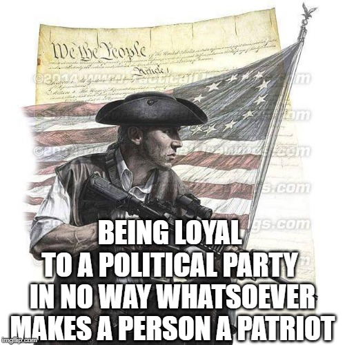 American Patriot | BEING LOYAL 
TO A POLITICAL PARTY 
IN NO WAY WHATSOEVER
MAKES A PERSON A PATRIOT | image tagged in american patriot | made w/ Imgflip meme maker