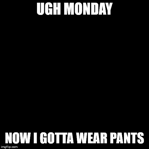 Blank | UGH MONDAY; NOW I GOTTA WEAR PANTS | image tagged in blank | made w/ Imgflip meme maker