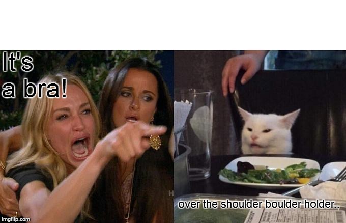 Woman Yelling At Cat Meme | It's a bra! over the shoulder boulder holder.. | image tagged in memes,woman yelling at cat | made w/ Imgflip meme maker