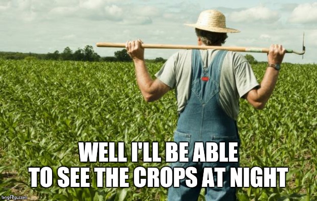 farmer | WELL I'LL BE ABLE TO SEE THE CROPS AT NIGHT | image tagged in farmer | made w/ Imgflip meme maker