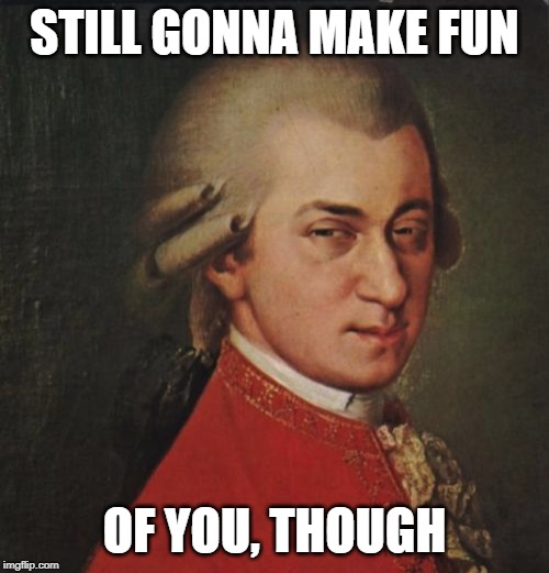 Mozart Not Sure |  STILL GONNA MAKE FUN; OF YOU, THOUGH | image tagged in memes,mozart not sure | made w/ Imgflip meme maker