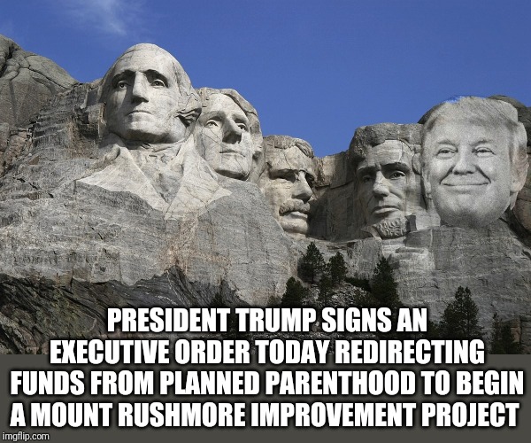 Your President, Donald Trump, diverts money from planned parenthood | PRESIDENT TRUMP SIGNS AN EXECUTIVE ORDER TODAY REDIRECTING FUNDS FROM PLANNED PARENTHOOD TO BEGIN A MOUNT RUSHMORE IMPROVEMENT PROJECT | image tagged in donald trump,trump 2020,mount rushmore,planned parenthood,executive orders,stupid liberals | made w/ Imgflip meme maker
