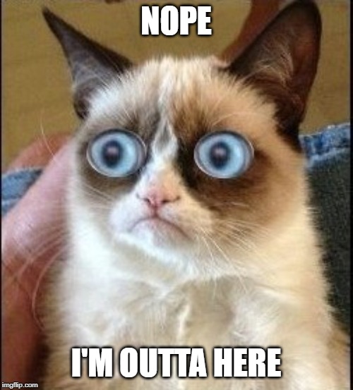 Grumpy Cat Shocked | NOPE I'M OUTTA HERE | image tagged in grumpy cat shocked | made w/ Imgflip meme maker