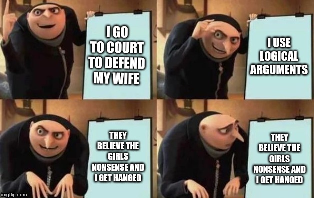 John Proctors Plan | I GO TO COURT TO DEFEND MY WIFE; I USE LOGICAL ARGUMENTS; THEY BELIEVE THE GIRLS NONSENSE AND I GET HANGED; THEY BELIEVE THE GIRLS NONSENSE AND I GET HANGED | image tagged in gru's plan | made w/ Imgflip meme maker