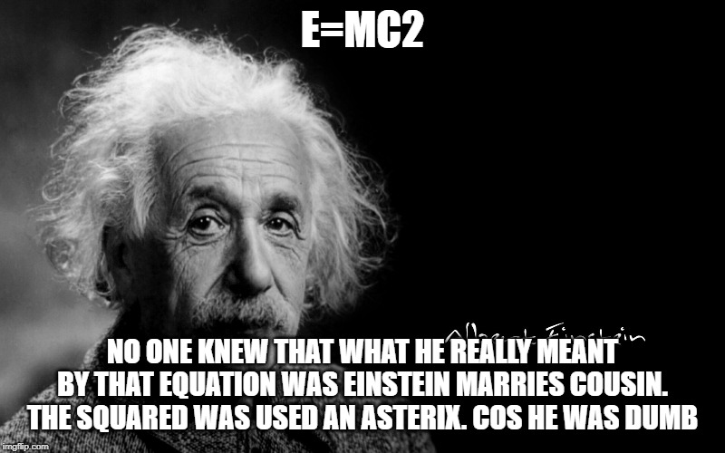 Albert Einstein | E=MC2; NO ONE KNEW THAT WHAT HE REALLY MEANT BY THAT EQUATION WAS EINSTEIN MARRIES COUSIN. THE SQUARED WAS USED AN ASTERIX. COS HE WAS DUMB | image tagged in albert einstein | made w/ Imgflip meme maker