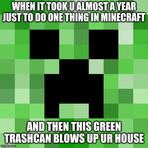 When it took u almost a year | WHEN IT TOOK U ALMOST A YEAR JUST TO DO ONE THING IN MINECRAFT; AND THEN THIS GREEN TRASHCAN BLOWS UP UR HOUSE | image tagged in memes,scumbag minecraft | made w/ Imgflip meme maker
