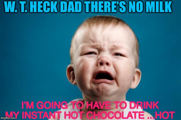My millennial son just said this to me.No really ◔̯◔ | W. T. HECK DAD THERE’S NO MILK; I’M GOING TO HAVE TO DRINK MY INSTANT HOT CHOCOLATE ...HOT | image tagged in baby crying,millennials,wtf,i believe in miracles,clues in the title son | made w/ Imgflip meme maker