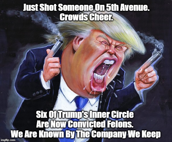 "Just Shot Someone On 5th Avenue. Crowds Cheer." | Just Shot Someone On 5th Avenue.
Crowds Cheer. Six Of Trump's Inner Circle 
Are Now Convicted Felons. 
We Are Known By The Company We Keep | image tagged in could shoot someone on fifth avenue,devious donald,despicable donald,deplorable donald,dishonorable donald,superabundance of fel | made w/ Imgflip meme maker