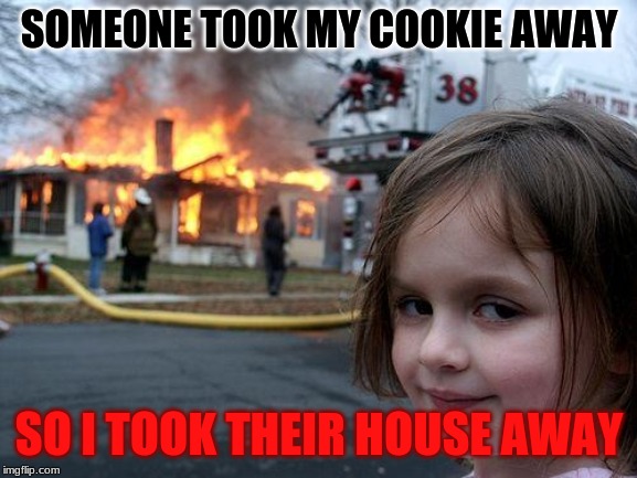 Disaster Girl | SOMEONE TOOK MY COOKIE AWAY; SO I TOOK THEIR HOUSE AWAY | image tagged in memes,disaster girl | made w/ Imgflip meme maker