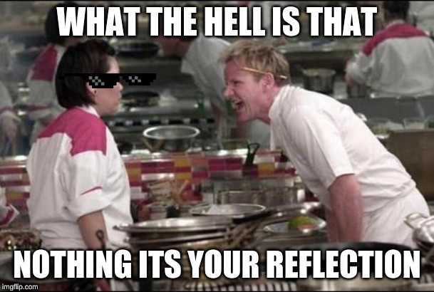 Angry Chef Gordon Ramsay | WHAT THE HELL IS THAT; NOTHING ITS YOUR REFLECTION | image tagged in memes,angry chef gordon ramsay | made w/ Imgflip meme maker
