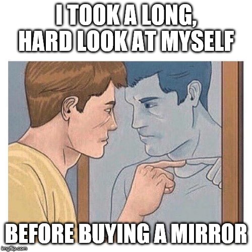 Mirror Talk Guy Reflection | I TOOK A LONG, HARD LOOK AT MYSELF; BEFORE BUYING A MIRROR | image tagged in mirror talk guy reflection | made w/ Imgflip meme maker
