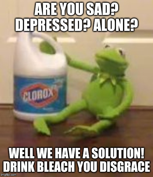 kermit bleach | ARE YOU SAD? DEPRESSED? ALONE? WELL WE HAVE A SOLUTION! DRINK BLEACH YOU DISGRACE | image tagged in kermit bleach | made w/ Imgflip meme maker