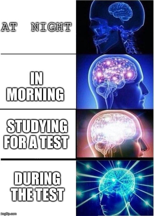 Expanding Brain Meme | AT NIGHT; IN MORNING; STUDYING FOR A TEST; DURING THE TEST | image tagged in memes,expanding brain | made w/ Imgflip meme maker