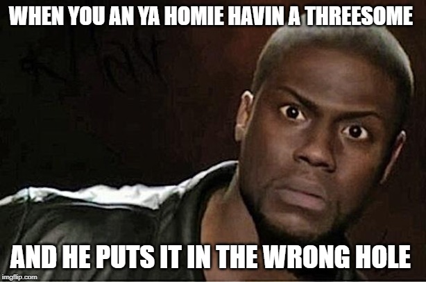 Kevin Hart Meme | WHEN YOU AN YA HOMIE HAVIN A THREESOME; AND HE PUTS IT IN THE WRONG HOLE | image tagged in memes,kevin hart | made w/ Imgflip meme maker