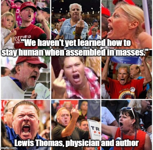 "We haven't yet learned how to stay human when assembled in masses." Lewis Thomas, physician and author | made w/ Imgflip meme maker