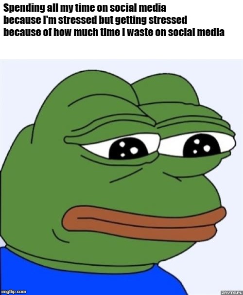 sad frog | Spending all my time on social media because I'm stressed but getting stressed because of how much time I waste on social media | image tagged in sad frog | made w/ Imgflip meme maker