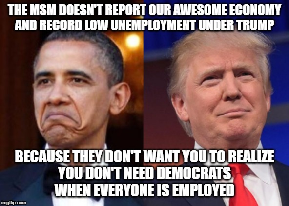 BHO-DJT Side-by-Side | THE MSM DOESN'T REPORT OUR AWESOME ECONOMY
AND RECORD LOW UNEMPLOYMENT UNDER TRUMP; BECAUSE THEY DON'T WANT YOU TO REALIZE
YOU DON'T NEED DEMOCRATS
WHEN EVERYONE IS EMPLOYED | image tagged in bho-djt side-by-side | made w/ Imgflip meme maker