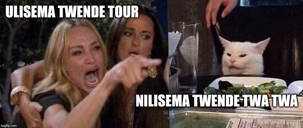 woman yelling at cat | ULISEMA TWENDE TOUR; NILISEMA TWENDE TWA TWA | image tagged in woman yelling at cat | made w/ Imgflip meme maker