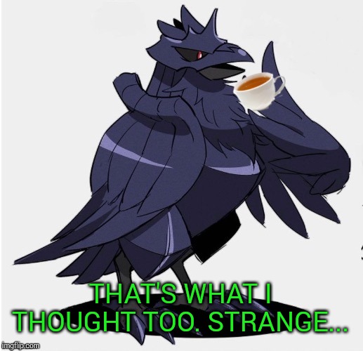 The_Tea_Drinking_Corviknight | THAT'S WHAT I THOUGHT TOO. STRANGE... | image tagged in the_tea_drinking_corviknight | made w/ Imgflip meme maker