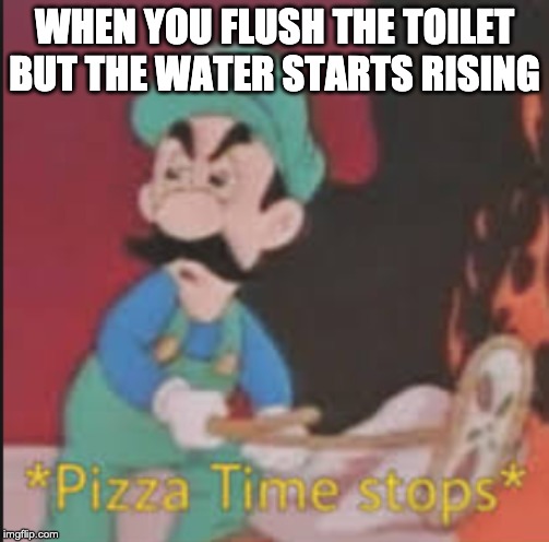 Pizza Time Stops | WHEN YOU FLUSH THE TOILET BUT THE WATER STARTS RISING | image tagged in pizza time stops | made w/ Imgflip meme maker