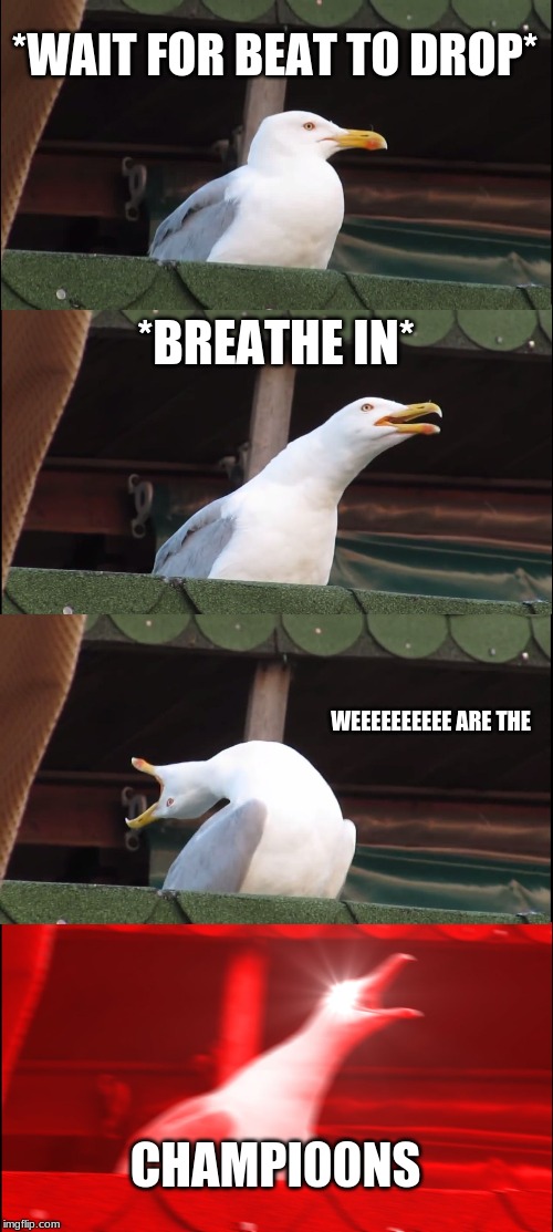 Inhaling Seagull Meme | *WAIT FOR BEAT TO DROP*; *BREATHE IN*; WEEEEEEEEEE ARE THE; CHAMPI00NS | image tagged in memes,inhaling seagull | made w/ Imgflip meme maker