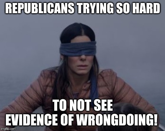 Not in my reality! | REPUBLICANS TRYING SO HARD; TO NOT SEE EVIDENCE OF WRONGDOING! | image tagged in bird box blindfolded,memes,politics,impeachment | made w/ Imgflip meme maker