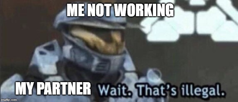 Wait that’s illegal | ME NOT WORKING; MY PARTNER | image tagged in wait thats illegal | made w/ Imgflip meme maker