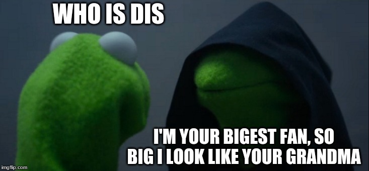 Evil Kermit Meme | WHO IS DIS; I'M YOUR BIGEST FAN, SO BIG I LOOK LIKE YOUR GRANDMA | image tagged in memes,evil kermit | made w/ Imgflip meme maker