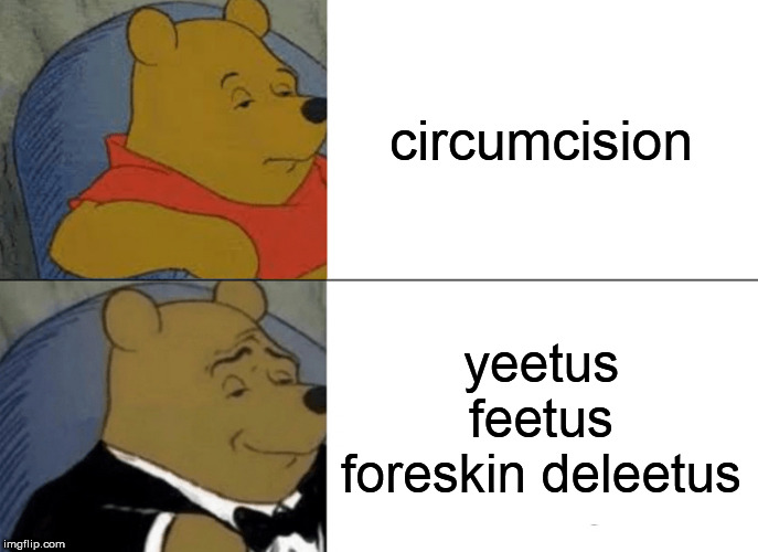 Tuxedo Winnie The Pooh | circumcision; yeetus feetus foreskin deleetus | image tagged in memes,tuxedo winnie the pooh | made w/ Imgflip meme maker