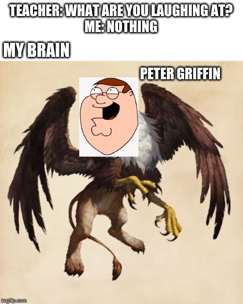 TEACHER: WHAT ARE YOU LAUGHING AT?
ME: NOTHING; MY BRAIN; PETER GRIFFIN | image tagged in blank white template | made w/ Imgflip meme maker