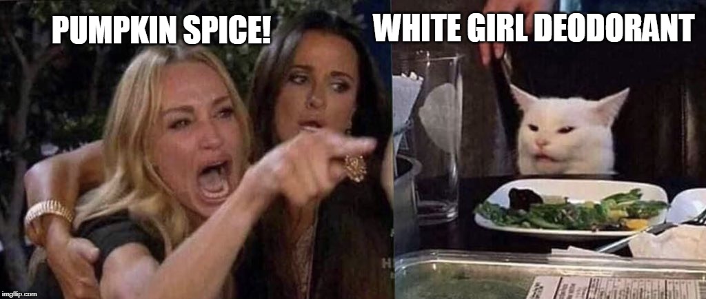 woman yelling at cat | WHITE GIRL DEODORANT; PUMPKIN SPICE! | image tagged in woman yelling at cat | made w/ Imgflip meme maker