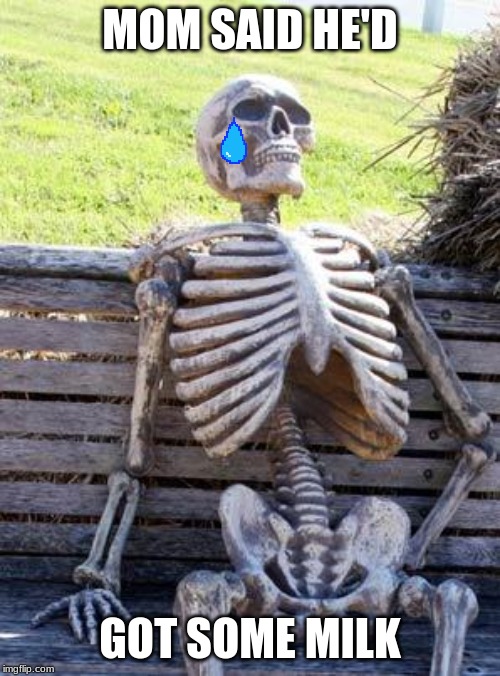 Waiting Skeleton | MOM SAID HE'D; GOT SOME MILK | image tagged in memes,waiting skeleton | made w/ Imgflip meme maker