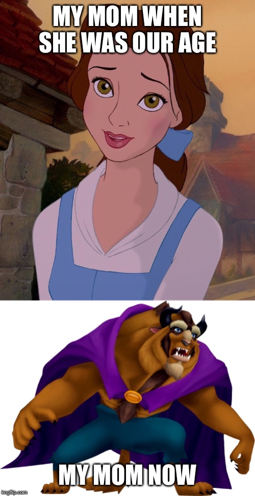 People change lol | MY MOM WHEN SHE WAS OUR AGE; MY MOM NOW | image tagged in parents,disney,beauty and the beast | made w/ Imgflip meme maker