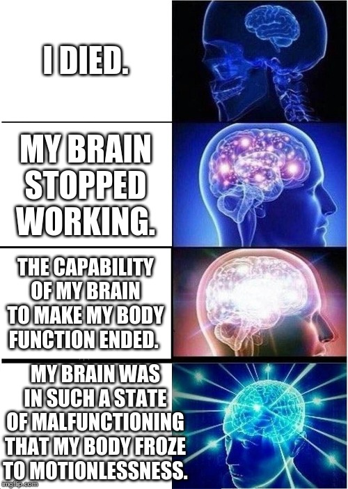 Expanding Brain Meme | I DIED. MY BRAIN STOPPED WORKING. THE CAPABILITY OF MY BRAIN TO MAKE MY BODY FUNCTION ENDED. MY BRAIN WAS IN SUCH A STATE OF MALFUNCTIONING THAT MY BODY FROZE TO MOTIONLESSNESS. | image tagged in memes,expanding brain | made w/ Imgflip meme maker