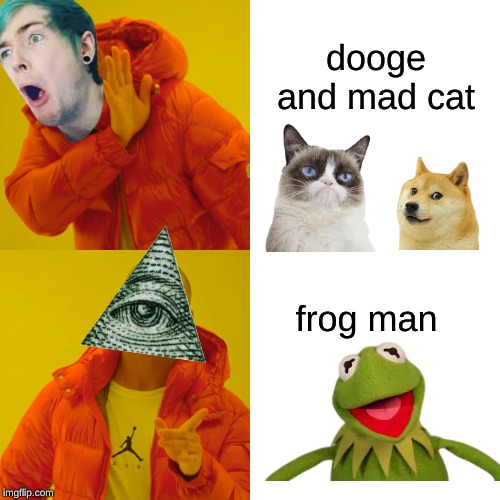 Drake Hotline Bling Meme | dooge and mad cat; frog man | image tagged in memes,drake hotline bling | made w/ Imgflip meme maker